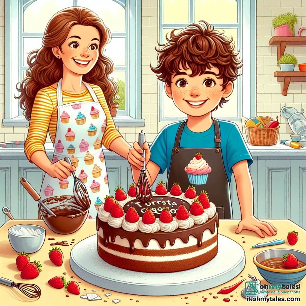 Illustrazione che rappresenta una cucina calda e accogliente, con pareti dipinte di giallo pastello e finestre che lasciano entrare la luce del sole. Sul tavolo, una grande torta al cioccolato, decorata con fragole rosse e un'iscrizione di cioccolato, troneggia maestosa, circondata da utensili da cucina colorati. Al centro dell'immagine, un ragazzo di 9 anni, con capelli ricci e castani, con un grande sorriso sul volto, sta decorando la torta. Indossa una maglietta blu e un grembiule con motivi di cupcake, i suoi occhi brillano di eccitazione e orgoglio. Accanto a lui, una donna sui trent'anni, con capelli lunghi e castani, sorride calorosamente mentre tiene una frusta in una mano. Indossa pantaloni di jeans e una maglietta a righe, e sembra incoraggiare il ragazzo nel suo compito. La scena cattura il momento in cui il ragazzo, pieno di entusiasmo, aggiunge l'ultimo tocco alla decorazione della torta, mentre la mamma lo osserva con orgoglio. Sullo sfondo, ingredienti sparsi, come farina e uova, aggiungono un tocco di caos gioioso all'atmosfera della cucina.