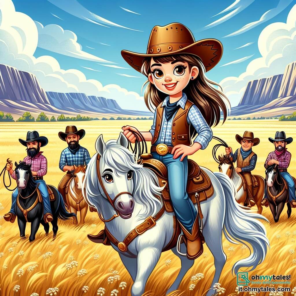 Une illustration sous forme de dessin destinée aux enfants représentant une vaste prairie dorée sous un ciel bleu éclatant, où une jeune cow-girl aux longs cheveux bruns et aux yeux pétillants, vêtue d'un chapeau de cowboy et d'un gilet en cuir, se tient fièrement sur son cheval blanc, Cheyenne, tandis qu'un groupe de cow-boys aux visages marqués par l'aventure, vêtus de chemises à carreaux et de chapeaux, l'entoure avec des cordes à la main, tous prêts à capturer un bandit sournois qui tente de s'échapper avec un vitellin, illustrant ainsi le courage et l'unité face à l'adversité.