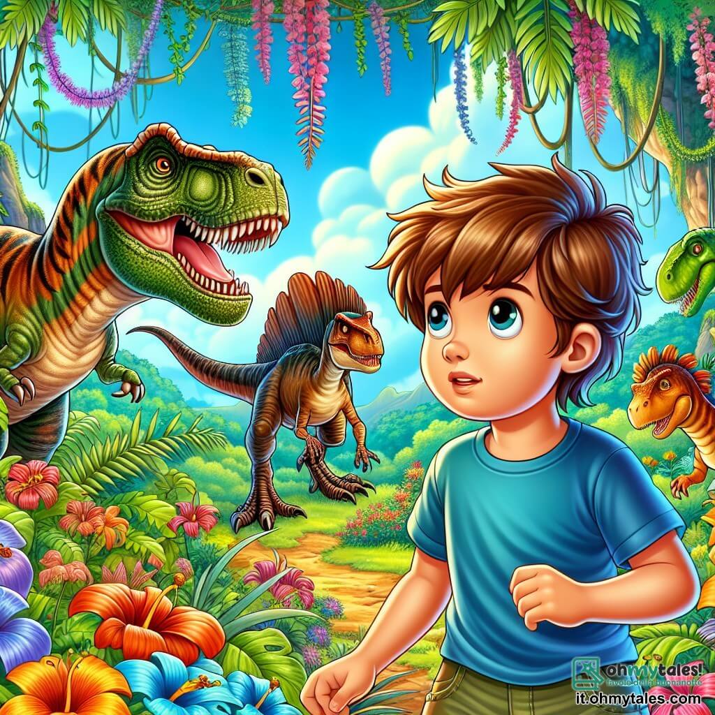 Une illustration sous forme de dessin destinée aux enfants représentant une jungle luxuriante et colorée, où un garçon de 9 ans aux cheveux bruns ébouriffés et aux yeux pétillants, vêtu d'un t-shirt bleu et de shorts, se tient avec détermination devant un énorme Tyrannosaurus Rex, tandis qu'un Ceratosaurus et un Stegosaurus l'observent de près, tous prêts à unir leurs forces pour empêcher un cacciatore de dinosauri malveillant de capturer leurs amis, avec des fleurs exotiques et des lianes suspendues autour d'eux, créant une atmosphère d'aventure et de mystère.