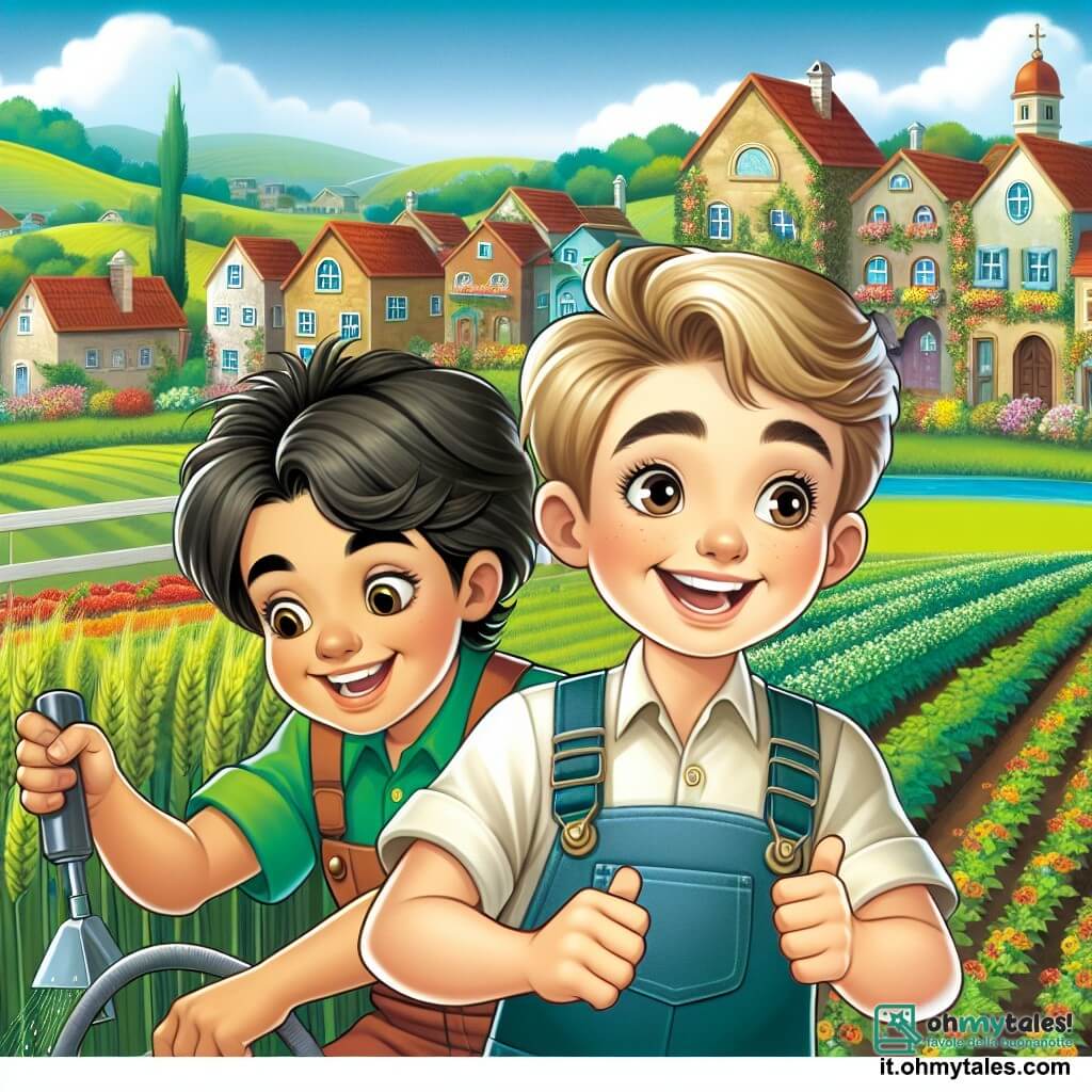 Une illustration destinée aux enfants représentant un jeune garçon enthousiaste travaillant dans une ferme florissante aux champs verdoyants, avec en compagnie de lui un ami proche, un garçon curieux aux cheveux ébouriffés, et le village pittoresque de Pratofiorito en arrière-plan, avec ses maisons colorées et ses fleurs en fleurs.
