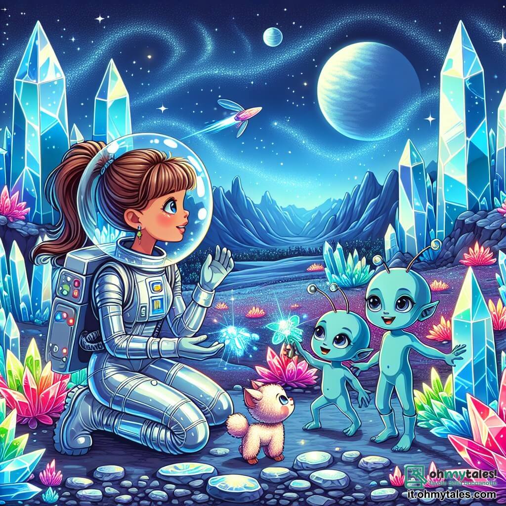 Illustrazione che rappresenta un paesaggio incantevole sul pianeta Celestia, dove enormi montagne di cristallo brillano sotto un cielo blu profondo, punteggiato da stelle scintillanti. In primo piano, una giovane donna astronauta, con lunghi capelli castani legati in una coda di cavallo, indossa una tuta spaziale argentata che riflette la luce dei cristalli circostanti. Si accovaccia, meravigliata, osservando un piccolo animale peloso dagli occhi rotondi e lucenti che si avvicina a lei con curiosità. Accanto a lei, due ragazzi alieni, di circa 8 anni, con pelle blu brillante e occhi enormi, saltano di gioia. Uno di loro, con antenne sulla testa, tende la mano verso l'astronauta, mentre l'altro, sorridendo, mostra una pianta luminescente che tiene tra le braccia. La scena principale esprime meraviglia e scoperta, mentre l'astronauta e i bambini alieni condividono un momento di amicizia, circondati dalla bellezza magica di Celestia. Elementi grafici aggiuntivi includono piante luminose dai colori vivaci, cristalli scintillanti e uno sfondo stellato, creando un'atmosfera di avventura e curiosità.