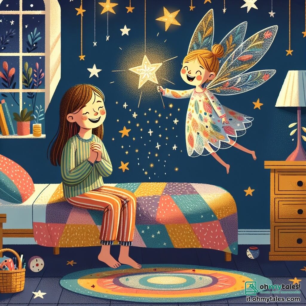 Illustrazione che rappresenta una camera calda e accogliente, con pareti dipinte di blu notte e un soffitto punteggiato di stelle dorate che brillano dolcemente. Al centro della stanza, una piccola lampada a forma di stella diffonde una luce morbida e rassicurante, proiettando ombre danzanti sul pavimento. In questa scena, una ragazza di circa 7 anni, con lunghi capelli castani e occhi scintillanti, è seduta sul suo letto coperto da un piumone colorato. Indossa un pigiama a righe e ha un sorriso luminoso sul viso. Accanto a lei, una piccola fata, appena più grande di una mano, con ali traslucide e scintillanti, fluttua gioiosamente nell'aria. Ha capelli dorati e un vestito fatto di petali di fiori. I due personaggi stanno cantando insieme, i loro volti irradianti di felicità, mentre si abbracciano in un momento di tenerezza. La camera è piena di giocattoli colorati e libri, e una finestra aperta lascia entrare una dolce brezza notturna, aggiungendo un tocco di magia all'atmosfera. Stelle brillano all'esterno, creando un contrasto incantevole con il dolce bagliore della lampada.
