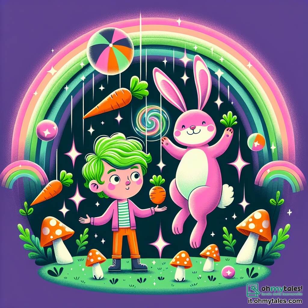 Une illustration destinée aux enfants représentant un garçon aux cheveux verts fluo, un lapin géant rose qui jongle avec des carottes et des champignons magiques, dans une forêt enchantée remplie d'arc-en-ciels scintillants et de licornes dansantes.