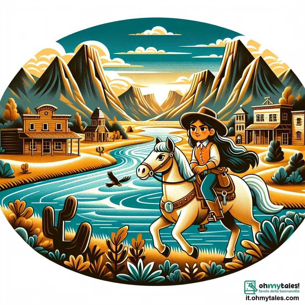 Une illustration destinée aux enfants représentant une cow-girl courageuse, chevauchant à travers les vastes prairies du Wild West, accompagnée de son fidèle cheval, à la recherche d'une bande de bandits, dans la pittoresque ville de Canyon Creek, entourée de montagnes imposantes et d'une rivière scintillante.