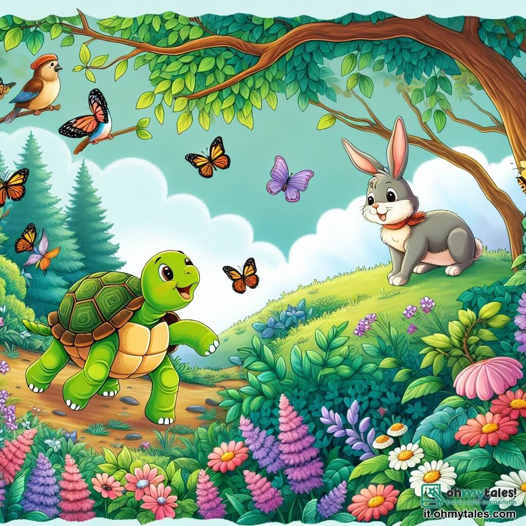 Une illustration destinée aux enfants représentant une jeune tortue curieuse explorant un bosco incantato en compagnie d'un joyeux coniglio, dans un cadre féerique où les farfalle dansent parmi les fiori et les uccelli chantent parmi les rami.