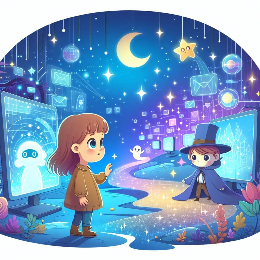 Une illustration destinée aux enfants représentant une jeune fille curieuse, plongée dans un monde virtuel, accompagnée d'un personnage mystérieux, dans un paysage féerique rempli d'écrans lumineux et colorés.