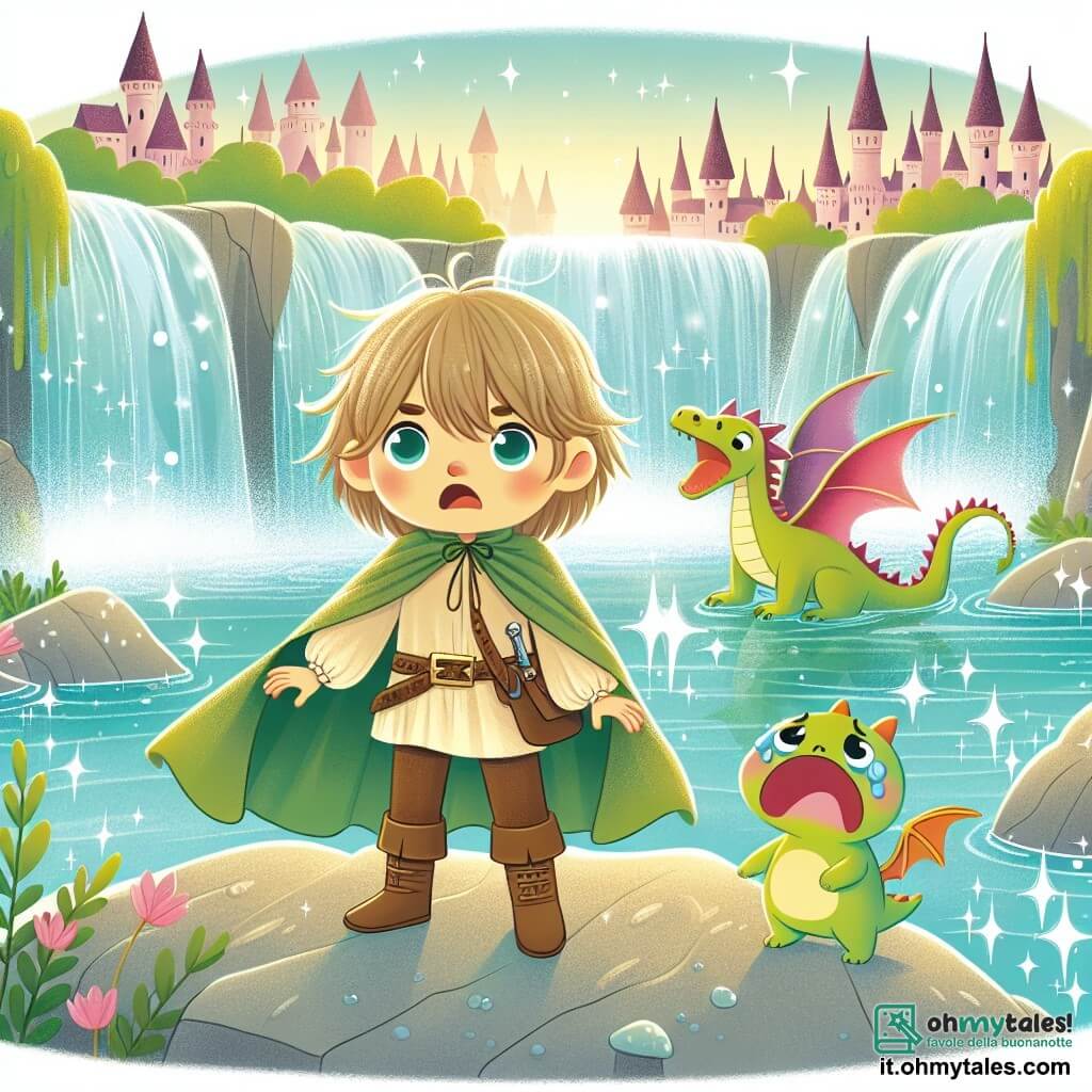Une illustration destinée aux enfants représentant une jeune fille intrépide, se tenant au bord d'une cascade scintillante dans un regno magico, accompagnée d'un petit follet pleurant et d'un dragon triste.