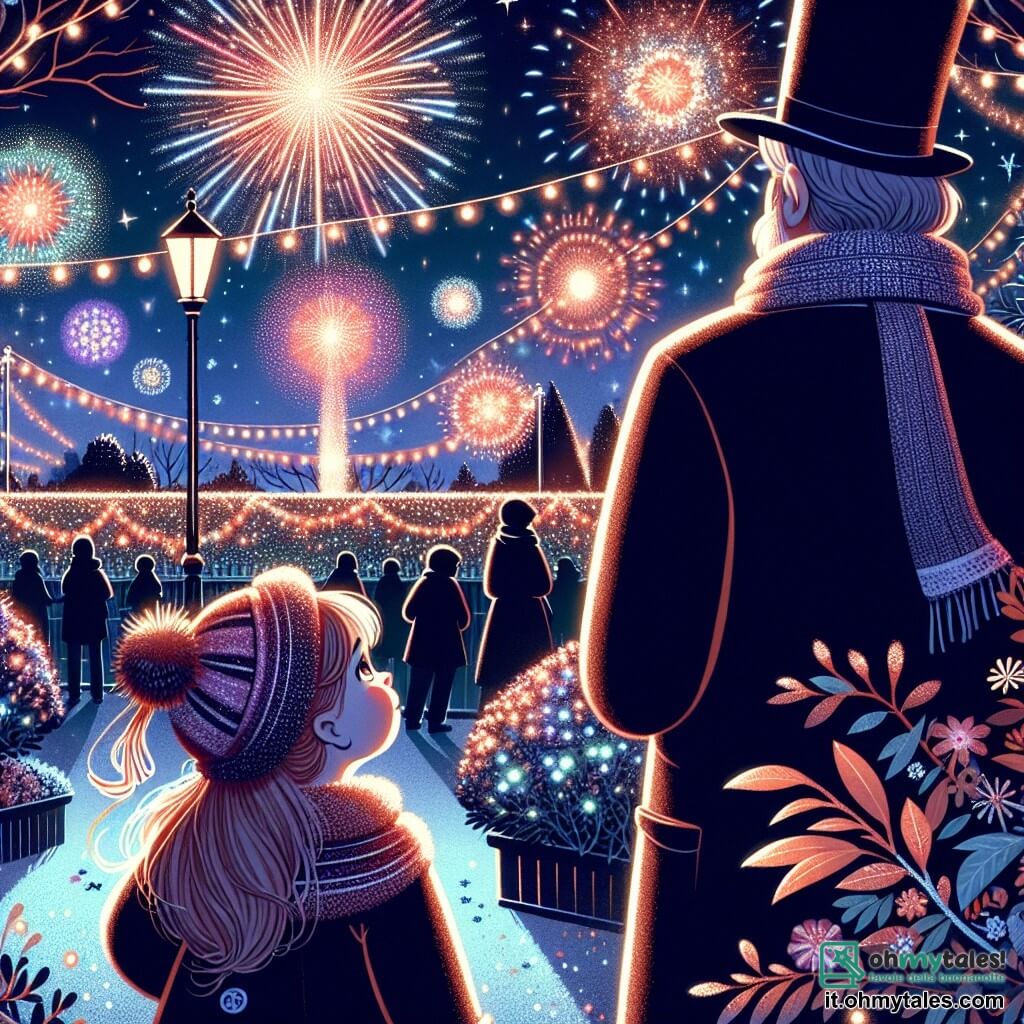 Une illustration destinée aux enfants représentant une jeune fille émerveillée par les feux d'artifice lors de la fête du nouvel an, accompagnée de son père, dans un jardin illuminé de mille couleurs et de guirlandes scintillantes.