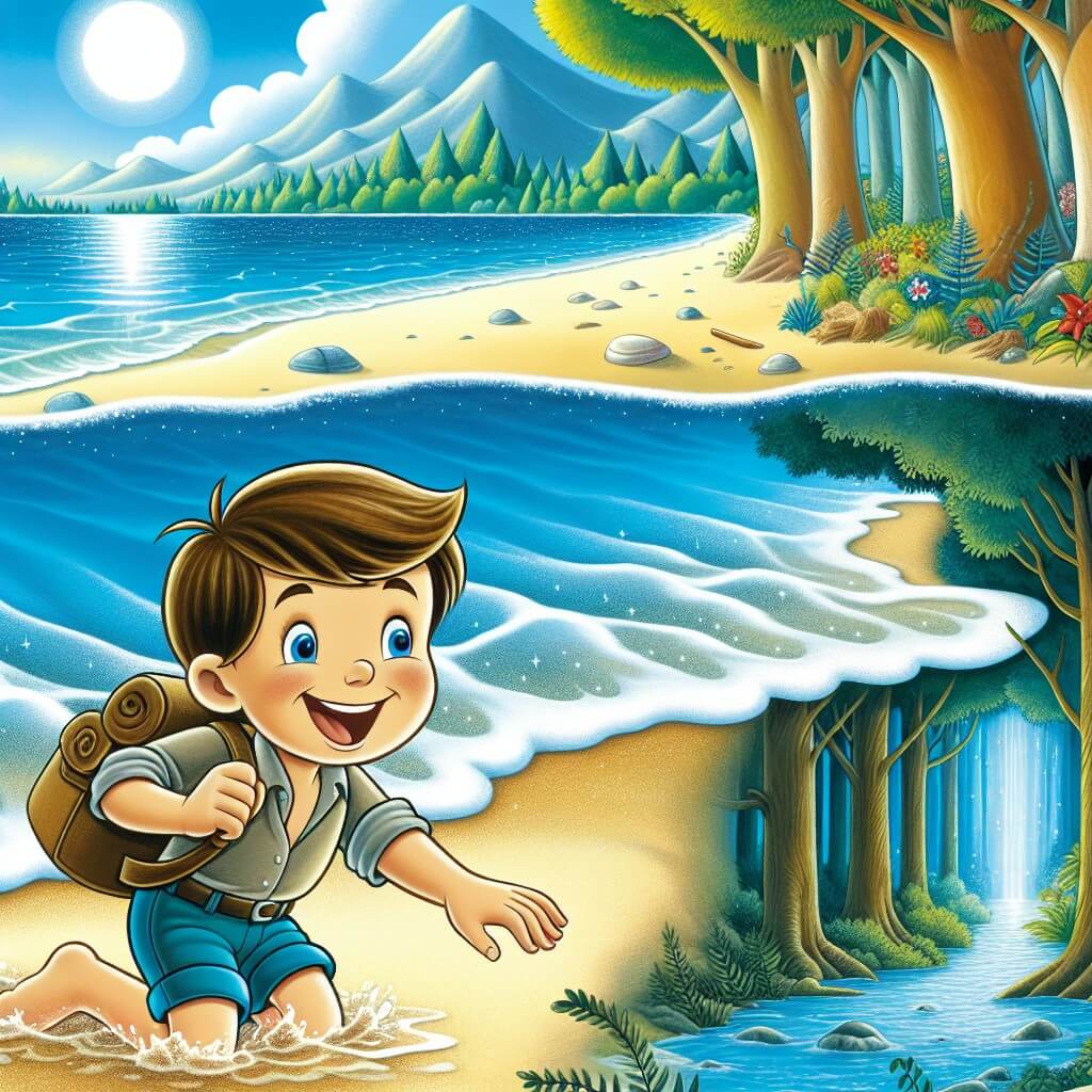 Une illustration destinée aux enfants représentant un jeune garçon plein d'enthousiasme qui passe ses vacances d'été à explorer une plage bordée de sable blanc, une mer d'un bleu éclatant et une forêt enchantée remplie d'arbres majestueux et d'un petit ruisseau scintillant.