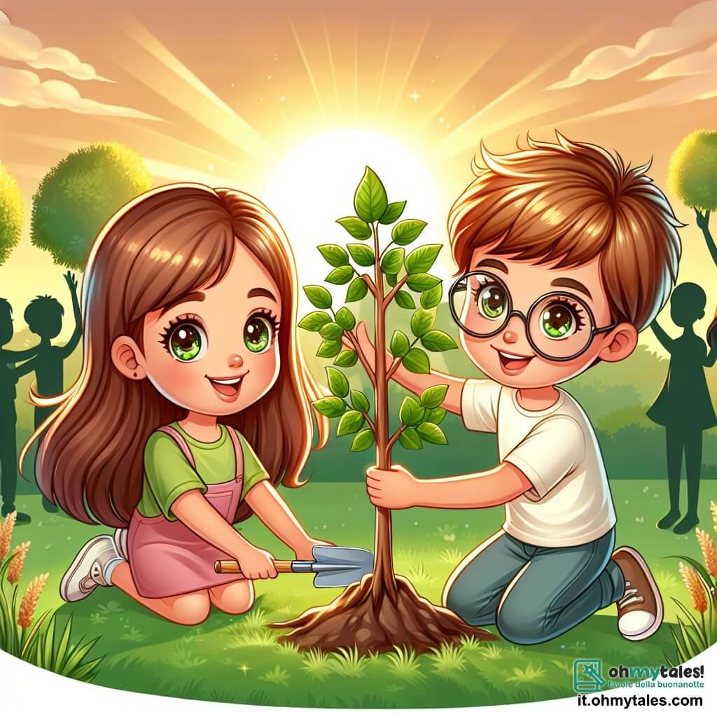 Une illustration sous forme de dessin destinée aux enfants représentant un parc verdoyant en été, où une fille de 11 ans aux longs cheveux bruns et aux yeux pétillants, souriante et pleine d'énergie, plante un jeune arbre avec l'aide de son ami, un garçon aux cheveux châtains et aux lunettes, tandis qu'un groupe d'enfants les entoure, tenant des pancartes colorées sur la protection de l'environnement, le tout baigné par une lumière dorée du soleil couchant, symbolisant l'espoir et l'engagement pour lutter contre le changement climatique.