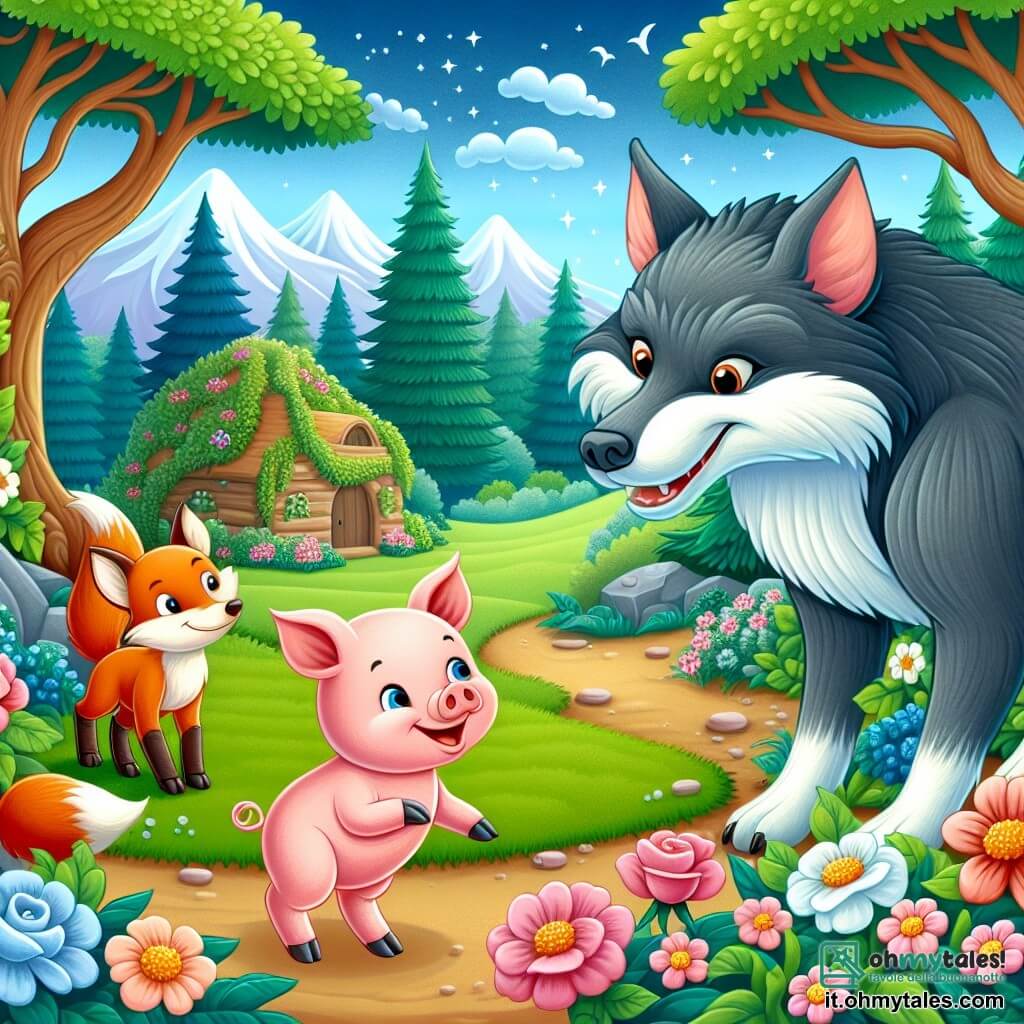 Une illustration destinée aux enfants représentant un adorable cochonnet curieux et débrouillard, confronté à un loup redoutable, accompagné d'une amicale renarde blessée, dans un paisible village forestier entouré de majestueux arbres et de fleurs colorées.