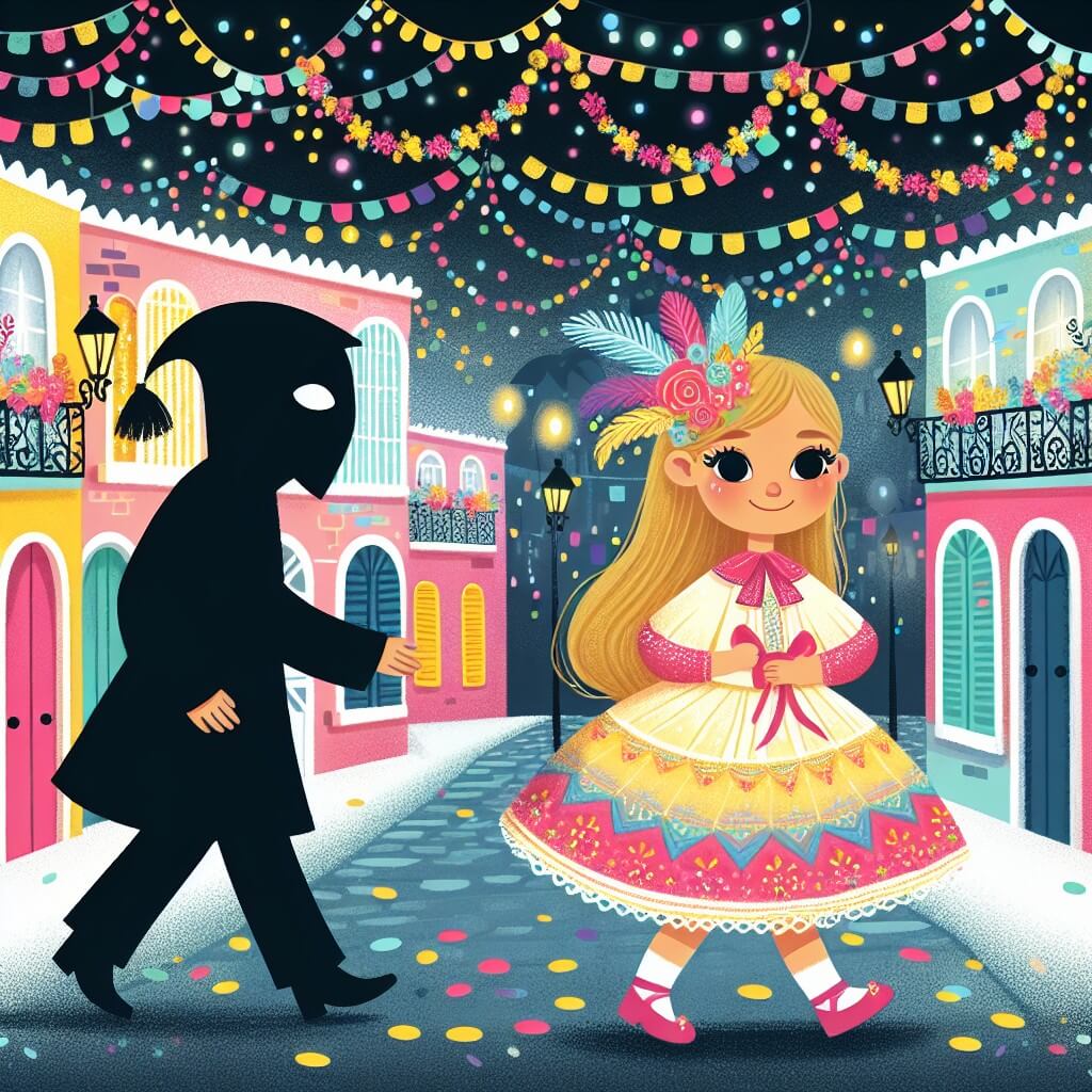 Une illustration destinée aux enfants représentant une petite fille vêtue d'un magnifique costume de carnaval, accompagnée d'un mystérieux personnage solitaire, dans un village animé aux rues décorées de guirlandes colorées et de confettis étincelants.