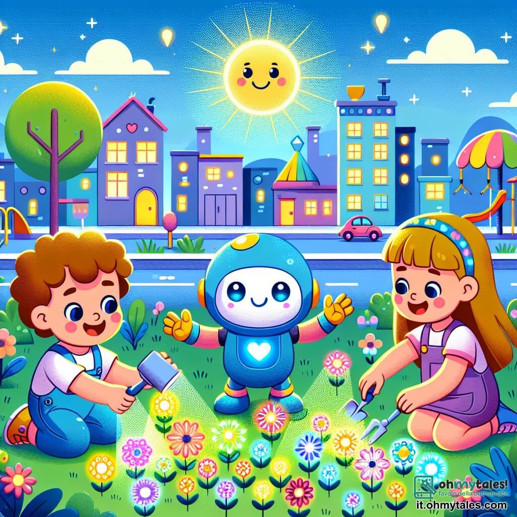 Une illustration sous forme de dessin destinée aux enfants représentant un parc futuriste à Luceville, rempli de fleurs lumineuses et de jeux flottants, où un groupe d'enfants de 3 ans, composé de deux garçons aux cheveux bouclés et d'une fille aux cheveux longs et blonds, s'amusent à planter des fleurs colorées qui brillent sous le soleil, tandis qu'un petit robot bleu, avec des yeux ronds et un sourire amical, les aide en distribuant des outils de jardinage, créant ainsi un jardin magique et lumineux qui illumine la ville.