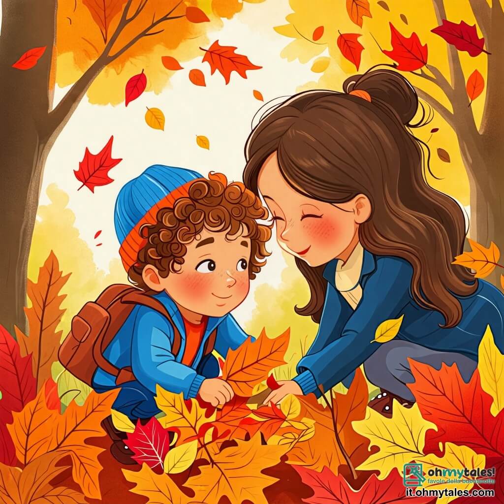 Une illustration sous forme de dessin destinée aux enfants représentant un jardin en automne, avec des arbres aux feuilles jaunes, rouges et orange, où un garçon de 2 ans aux cheveux bouclés et aux yeux pétillants, vêtu d'une veste bleue et d'un bonnet, s'accroupit joyeusement pour ramasser des feuilles colorées, tandis qu'une maman souriante, aux cheveux longs et bruns, le regarde avec tendresse, le sac à dos rempli de feuilles à ses côtés, capturant la magie et la beauté de la saison automnale.