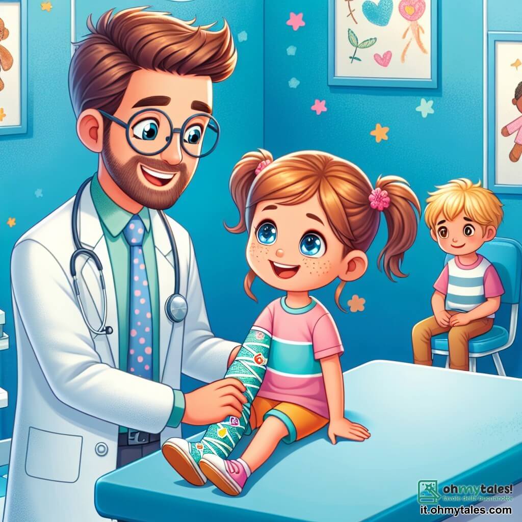 Une illustration sous forme de dessin destinée aux enfants représentant une clinique colorée et accueillante, avec des murs peints en bleu ciel et des décorations de dessins d'enfants, où un homme au sourire chaleureux, portant un camice blanc et des lunettes, examine avec attention une petite fille aux cheveux bruns et aux yeux pétillants, qui a un bras plâtré décoré de stickers colorés, tandis qu'un garçon aux cheveux blonds et aux joues roses, assis sur une chaise, regarde avec curiosité et admiration, illustrant un moment de soin et de réconfort dans un environnement joyeux et amical.