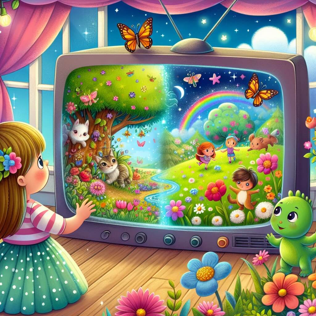 Une illustration destinée aux enfants représentant une fillette curieuse devant une télévision magique, accompagnée d'un petit omino vert, découvrant un monde enchanté dans un pré verdoyant avec des fleurs colorées, des papillons virevoltants et des animaux jouant, tandis que le monde réel l'attend derrière la fenêtre, avec un jardin en fleurs et des enfants qui jouent joyeusement.