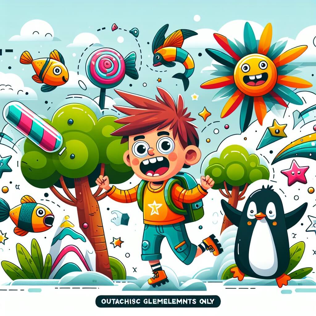 Une illustration destinée aux enfants représentant un jeune garçon débordant d'énergie, se retrouvant coincé dans un monde où les arbres sont en forme de bonbons, les poissons volent dans le ciel et un pingouin magique l'accompagne dans cette aventure délirante.