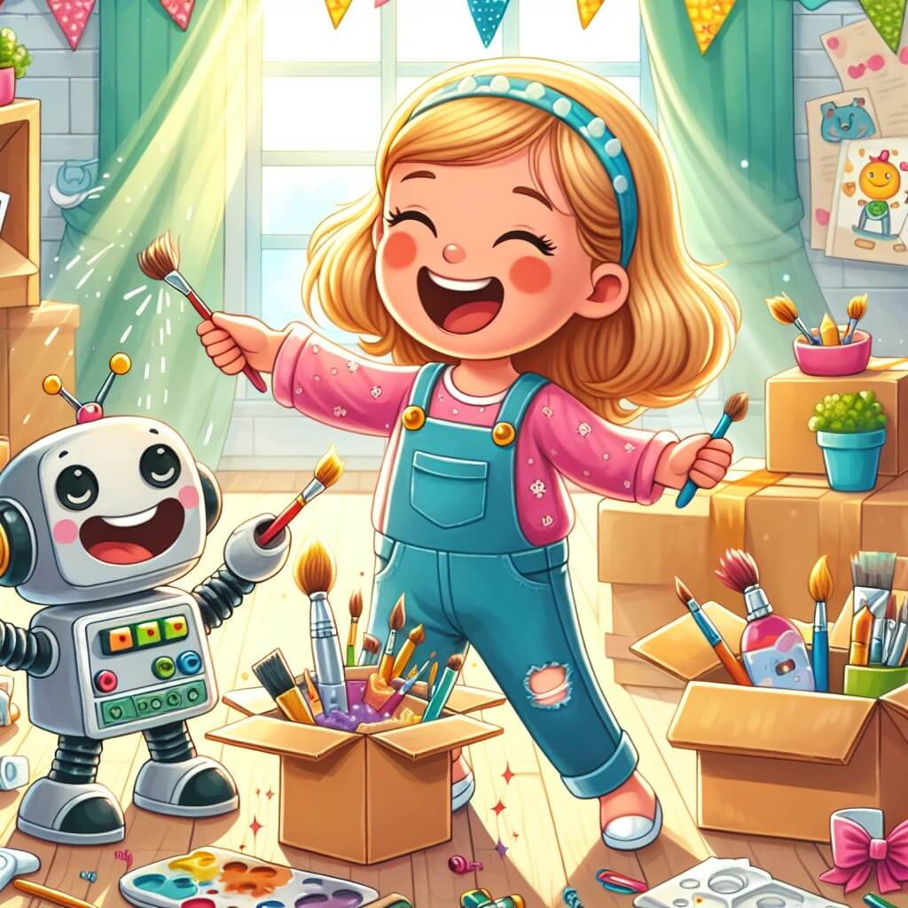 Une illustration destinée aux enfants représentant une petite fille pleine de joie préparant une surprise spéciale pour son papa, avec l'aide d'un robot bricolé, dans une chambre colorée et ensoleillée remplie de cartons, de pinceaux et d'éclats de rire.