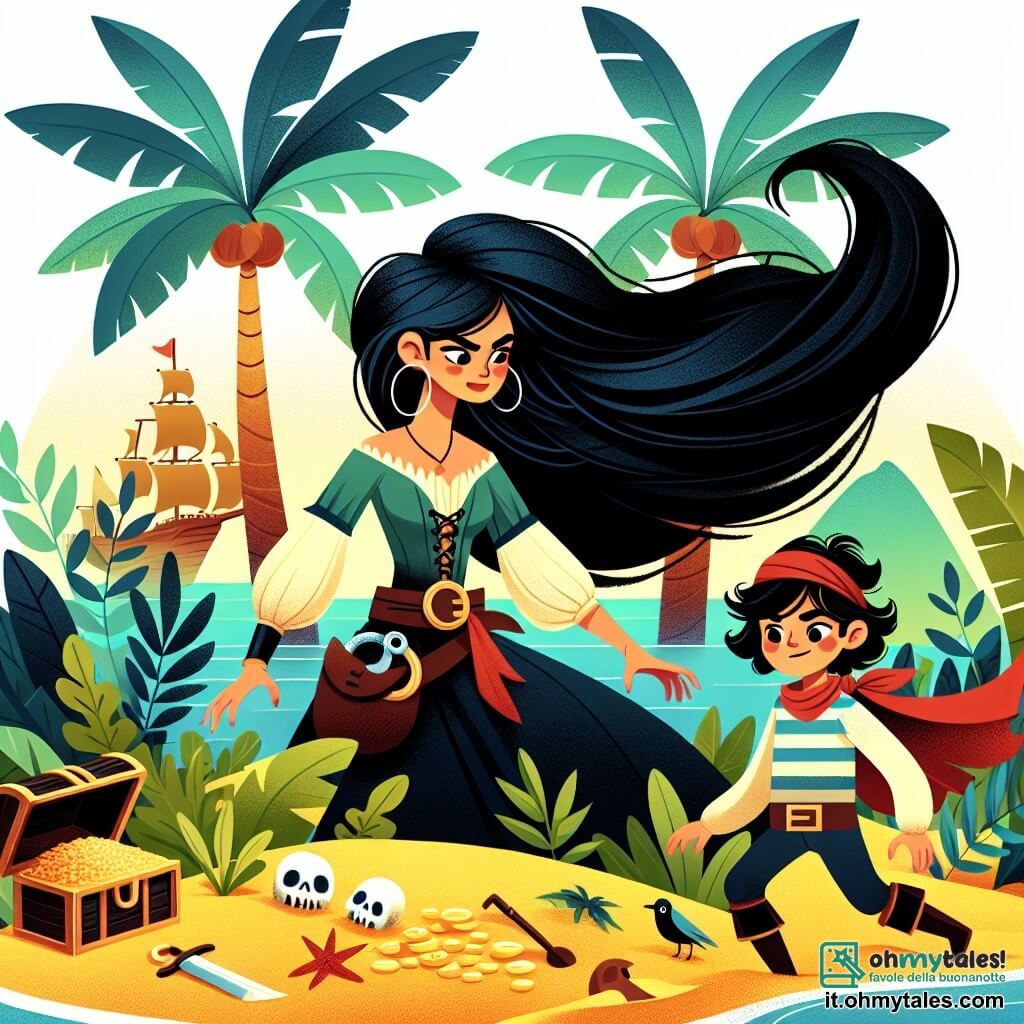 Une illustration destinée aux enfants représentant une pirate audacieuse aux cheveux corvins flottant au vent, sur le point de découvrir un trésor légendaire avec l'aide d'un jeune mousse courageux, sur une île tropicale parsemée de palmiers, de plantes luxuriantes et de sables dorés.