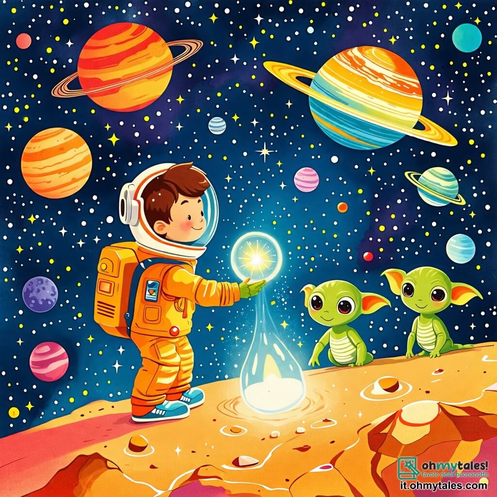 Une illustration sous forme de dessin destinée aux enfants représentant un vaste espace étoilé avec des planètes colorées et une astronave dorée en forme de goutte, au centre un homme aux cheveux bruns et aux yeux pétillants, vêtu d'une combinaison spatiale brillante, qui manœuvre avec détermination son vaisseau tout en découvrant un artefact scintillant flottant dans l'espace, tandis qu'en arrière-plan, deux petits extraterrestres aux grandes oreilles et aux peaux vertes l'observent avec curiosité, illustrant ainsi l'excitation d'un voyage spatial rempli d'aventures et de découvertes.