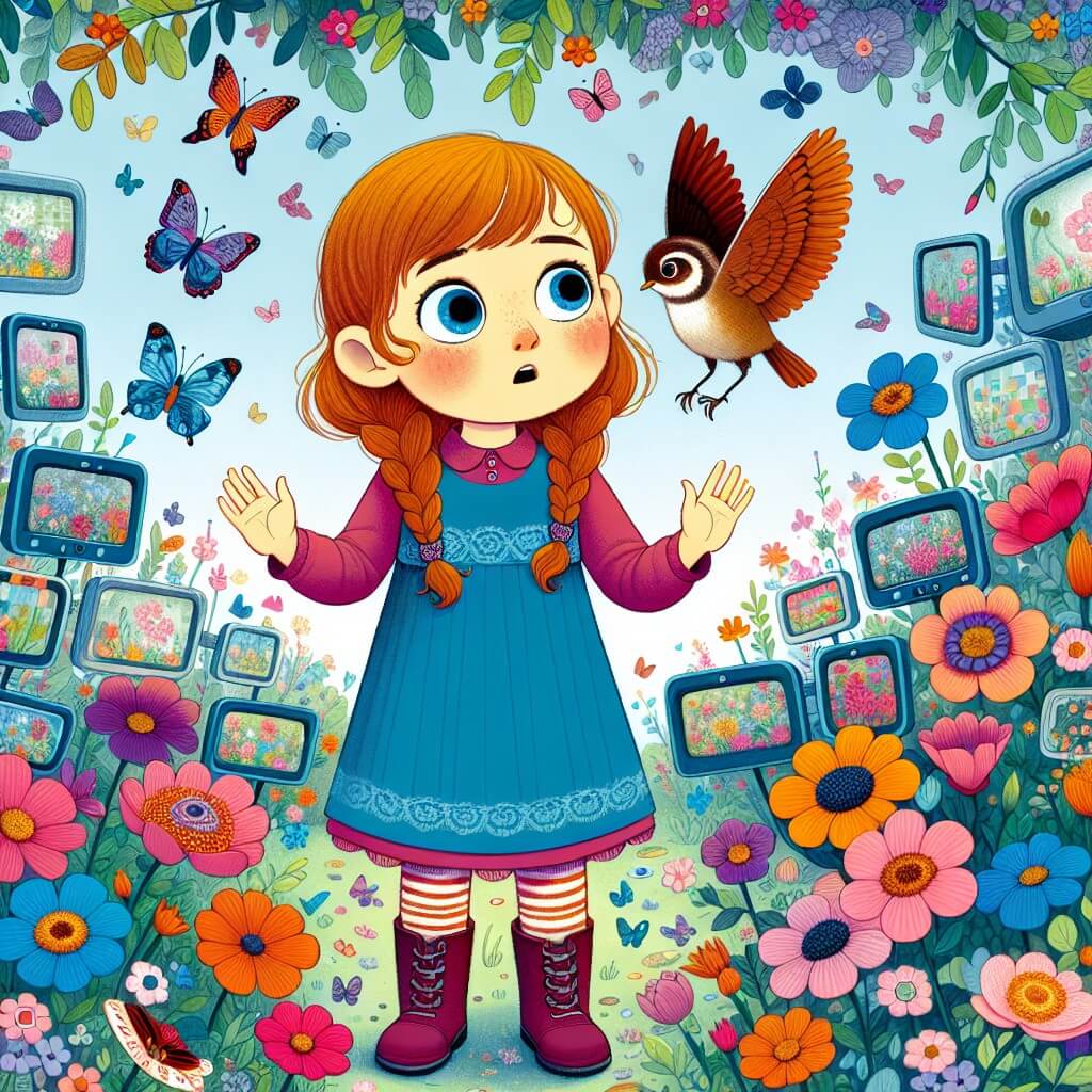Une illustration destinée aux enfants représentant une jeune fille curieuse, plongée dans un monde d'écrans colorés, accompagnée d'un petit oiseau blessé, dans un jardin enchanté rempli de fleurs multicolores et de papillons virevoltants.