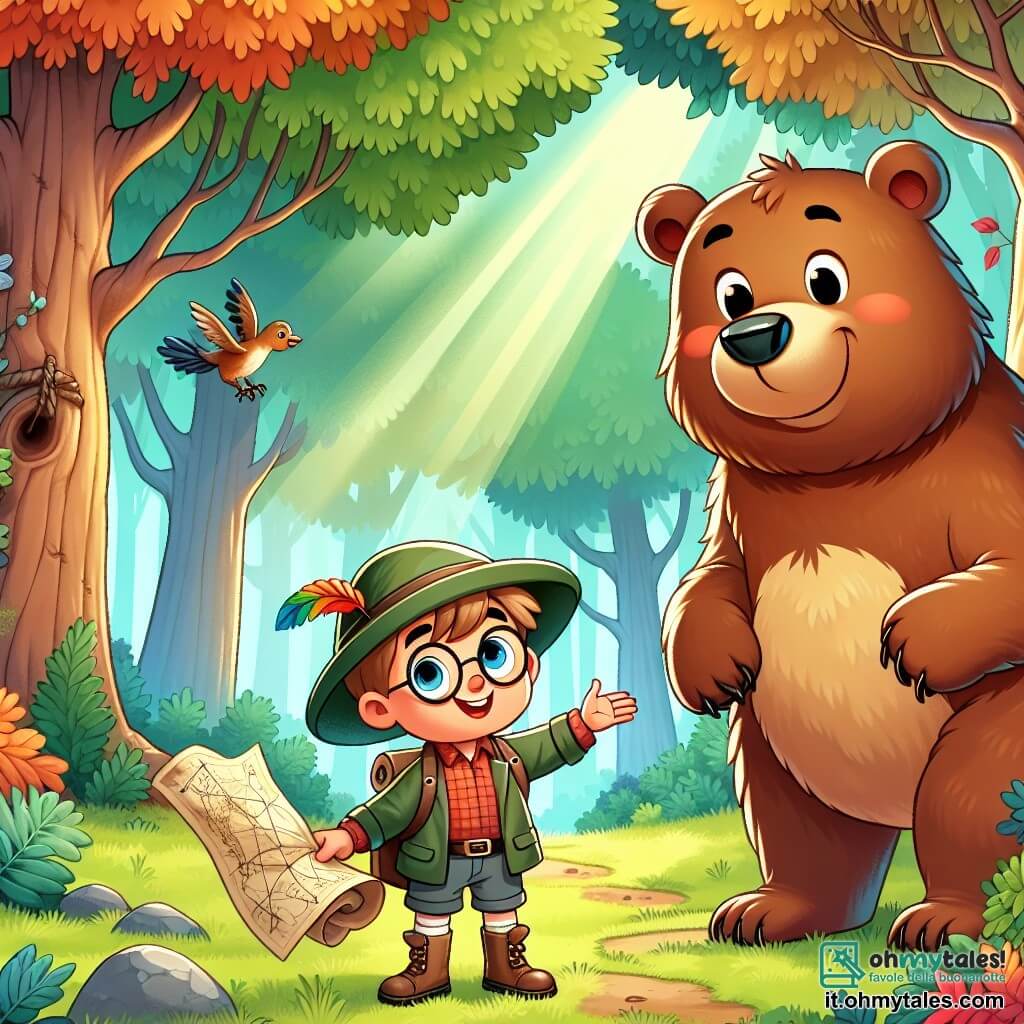Une illustration sous forme de dessin destinée aux enfants représentant une forêt enchantée, avec des arbres majestueux aux feuilles colorées, où un jeune homme courageux aux cheveux bruns et aux yeux pétillants, vêtu d'une chemise à carreaux et d'un chapeau d'aventurier, tient une vieille carte à la main, tandis qu'à ses côtés se trouve un garçon aux lunettes rondes et à l'air curieux, qui observe avec émerveillement un grand ours brun souriant, tous trois prêts à affronter ensemble les défis d'une quête pour trouver un trésor caché.