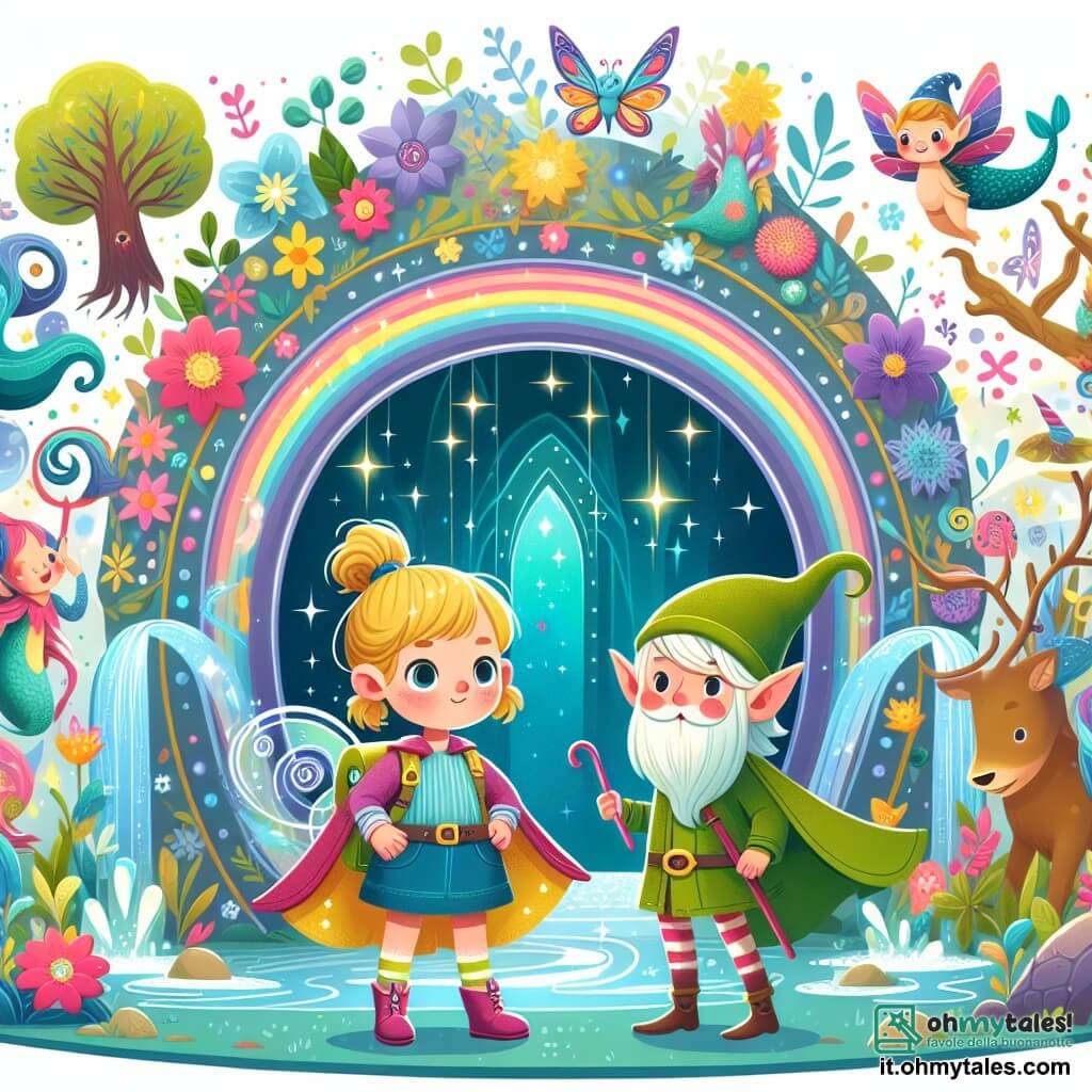 Une illustration destinée aux enfants représentant une petite fille courageuse se tenant devant un portail magique, accompagnée d'un elfe sage, dans un monde incanté aux couleurs vives et aux créatures mystérieuses, telles que des arbres parlants et des sirenes chantantes, entouré de fleurs et de fontaines scintillantes.