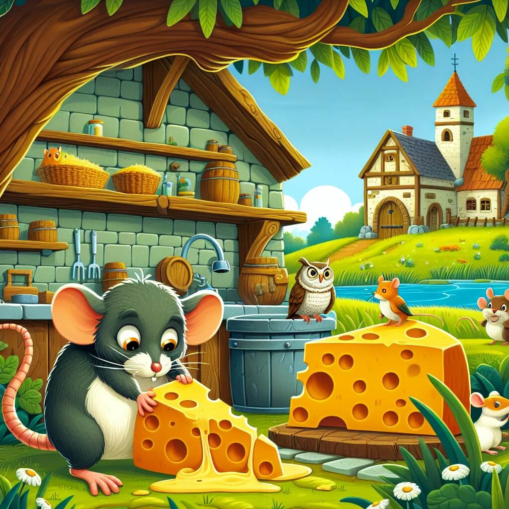 Une illustration destinée aux enfants représentant un rat malin qui découvre un énorme morceau de fromage dans une vieille cuisine abandonnée, avec un hibou sage et un souriceau courageux comme personnages secondaires, dans un paisible village de campagne entouré de champs verdoyants et d'un majestueux arbre de noix.