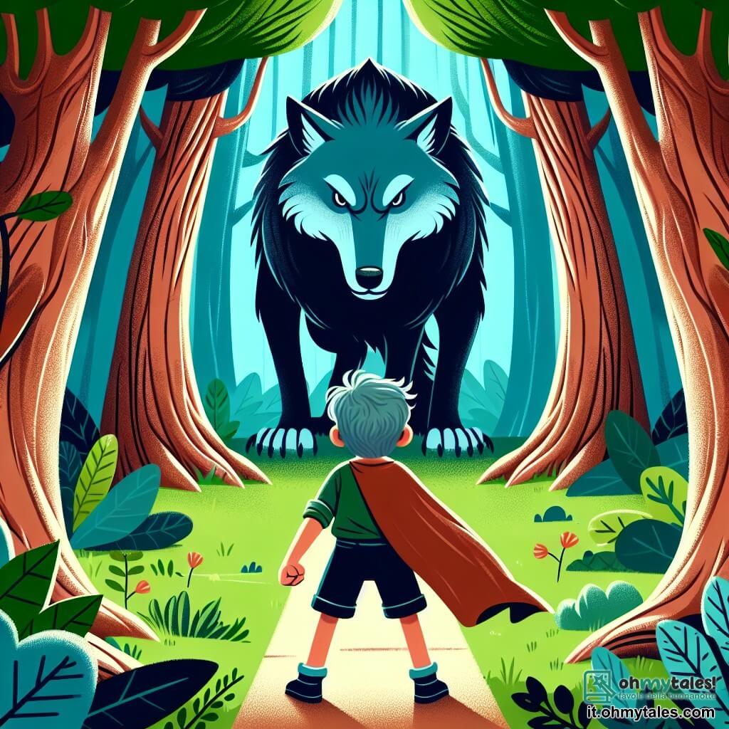 Une illustration destinée aux enfants représentant un petit garçon courageux confronté à un grand loup menaçant dans une clairière verdoyante entourée de majestueux arbres centenaires.