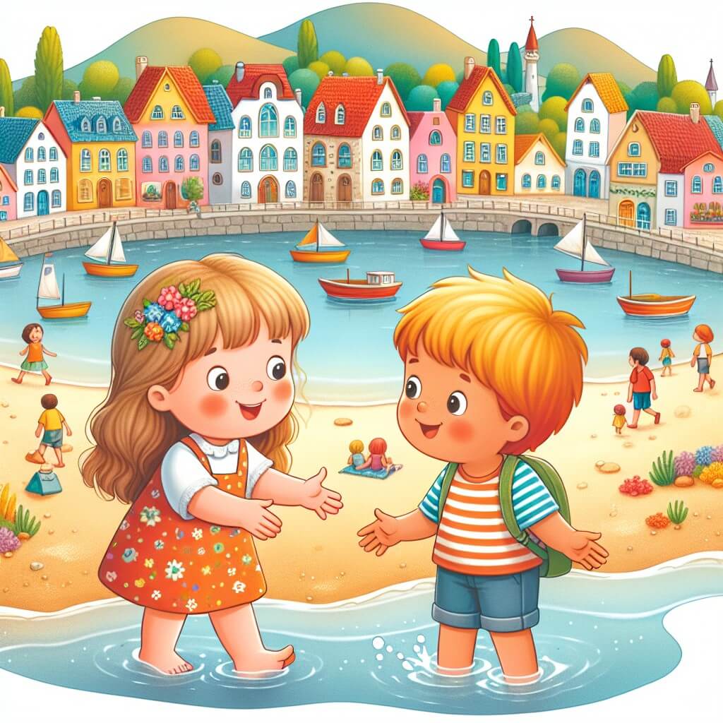 Une illustration destinée aux enfants représentant une petite fille souriante, les pieds dans l'eau, rencontrant une amie dans une jolie ville côtière aux maisons colorées et entourée de plages de sable doré.
