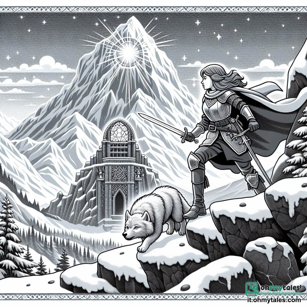 Une illustration destinée aux enfants représentant une chevaleresse intrépide, accompagnée d'un petit loup loyal, grimpant courageusement une montagne escarpée vers un autel de pierre scintillant, situé au sommet d'une montagne majestueuse et enneigée.