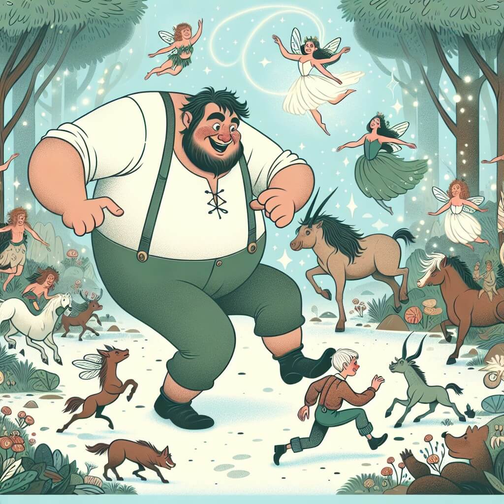 Une illustration destinée aux enfants représentant un géant joyeux et maladroit qui rencontre un petit garçon curieux dans une forêt enchantée remplie de fées dansantes, d'elfes farceurs et d'animaux magiques.