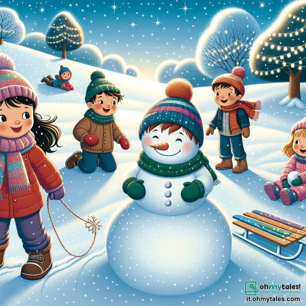 Illustrazione che rappresenta un parco invernale incantevole, con una collina coperta da uno spesso strato di neve scintillante sotto un cielo azzurro chiaro. In primo piano, un gruppo di cinque bambini felici: una ragazza con i capelli castani, di circa 8 anni, con una giacca rossa e un berretto di lana, che tira una slitta colorata; un ragazzo biondo, di circa 7 anni, vestito con una sciarpa verde, che ride mentre si prepara a scivolare sulla neve; una ragazza con i capelli neri, di 9 anni, in tuta da sci rosa, che tiene una palla di neve tra le mani; un ragazzo bruno, di circa 8 anni, con un sorriso malizioso, che impila palle di neve per costruire un grande pupazzo di neve; e infine, un ragazzino con i capelli castani, di 6 anni, in giacca blu, che osserva con meraviglia il pupazzo di neve che stanno creando. Sullo sfondo, alberi innevati e festoni luminosi aggiungono un tocco magico a questa scena invernale gioiosa.