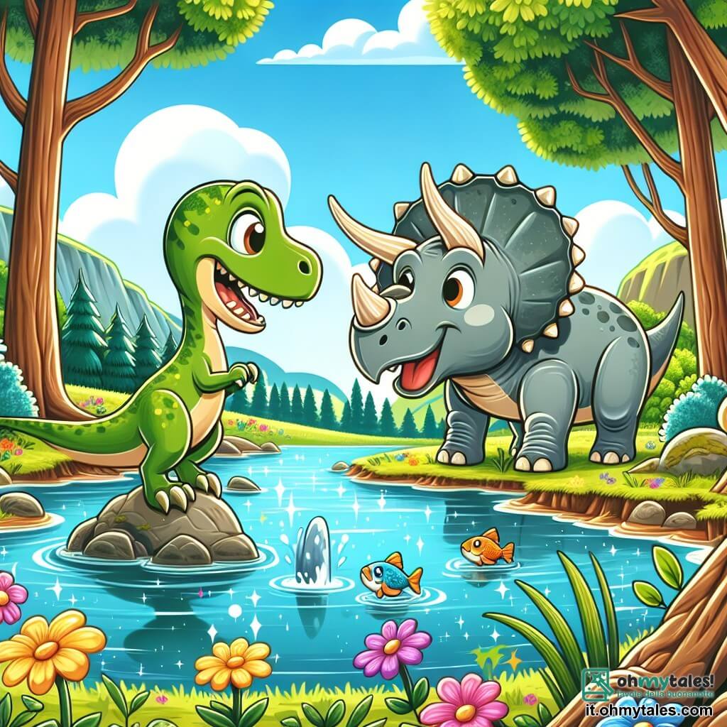 Une illustration sous forme de dessin destinée aux enfants représentant une vallée verdoyante avec de grands arbres et des fleurs colorées, où un vélociraptor aux plumes vertes et jaunes, curieux et joyeux, observe un triceratopo aux cornes majestueuses et à la peau grise, tous deux près d'un lac bleu étincelant, en train de rire et de jouer ensemble, entourés de petits poissons qui sautent hors de l'eau, capturant l'esprit d'amitié et d'aventure de leur journée d'exploration.