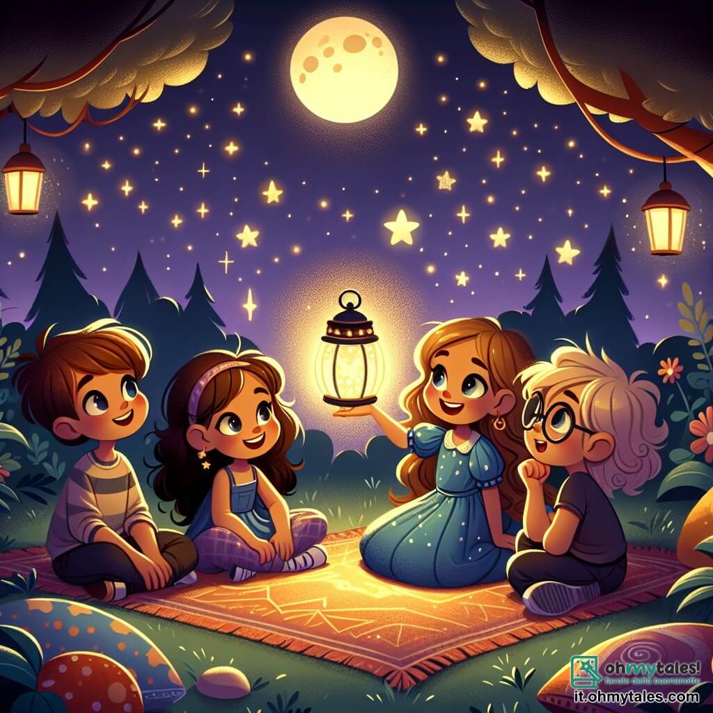 Illustrazione che rappresenta un giardino notturno illuminato da una dolce luce dorata emanante da una lampada magica. Il cielo è punteggiato di stelle scintillanti e una grande luna tonda brilla sopra gli alberi scuri, creando un'atmosfera sia misteriosa che accogliente. Nel giardino, quattro ragazze di sei anni sono riunite. Una di loro, con capelli ricci castani e un sorriso splendente, tiene la lampada magica tra le mani. Un'altra, con capelli lunghi e lisci, indossa un vestito blu e guarda le stelle con meraviglia. La terza, con capelli biondi e occhi scintillanti, è accovacciata mentre punta a una stella brillante, mentre l'ultima, con occhiali e capelli ricci, sta in piedi con le braccia incrociate, mostrando un'espressione di curiosità. Le ragazze sono circondate da coperte colorate e cuscini morbidi, creando un bozzolo di comfort. Condividono storie mentre osservano le stelle, i loro volti illuminati dalla luce della lampada. L'atmosfera è gioiosa e piena di cameratismo, simboleggiando il superamento della paura del buio grazie all'amicizia e alla magia della notte.