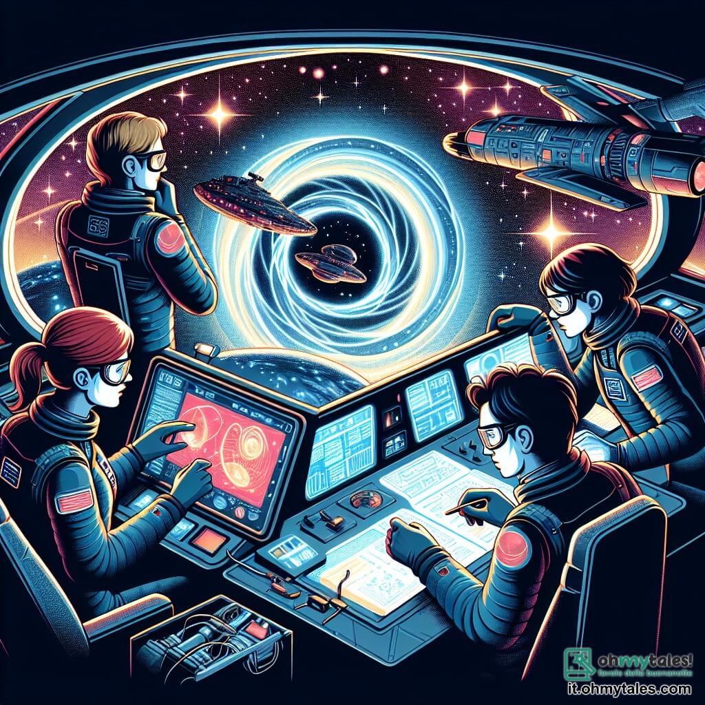 Une illustration sous forme de dessin destinée aux enfants représentant un vaisseau spatial futuriste flottant dans un ciel étoilé, avec une femme aux cheveux bruns et aux lunettes de protection, concentrée sur un écran de contrôle, entourée de trois personnages secondaires : un homme aux cheveux blonds et à la combinaison spatiale bleue, observant des données sur un autre écran, une femme aux cheveux roux en train de préparer des instruments scientifiques, et un homme aux cheveux noirs, regardant par un hublot avec émerveillement, alors qu'ils explorent un mystérieux portique lumineux qui les relie à un univers parallèle, symbolisant leur quête de connaissances et d'aventures interstellaires.