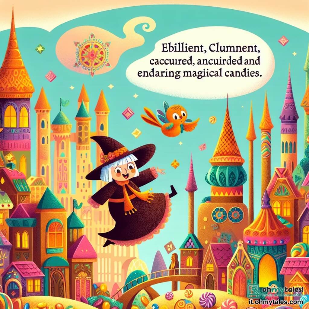 Une illustration destinée aux enfants représentant une sorcière maladroite et joyeuse, accompagnée d'un adorable lapin magique, dans un monde enchanté rempli de maisons en chocolat et de rues en bonbons colorés.