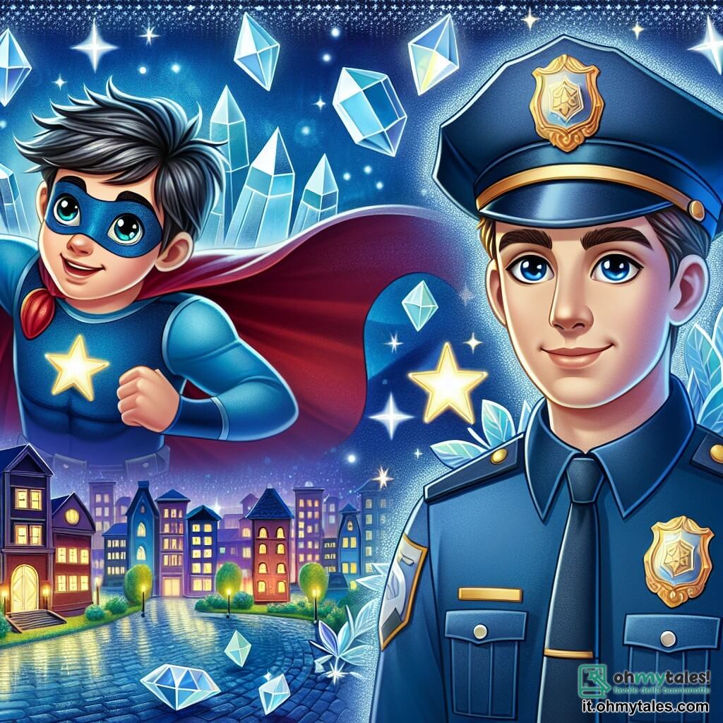 Une illustration destinée aux enfants représentant un super-héros homme aux yeux scintillants, une situation de péril imminent, un courageux policier homme aux cheveux noirs, au grand chapeau et à l'uniforme bleu, dans la ville scintillante de Lumina aux rues pavées de cristal et aux maisons éclairées de l'intérieur.