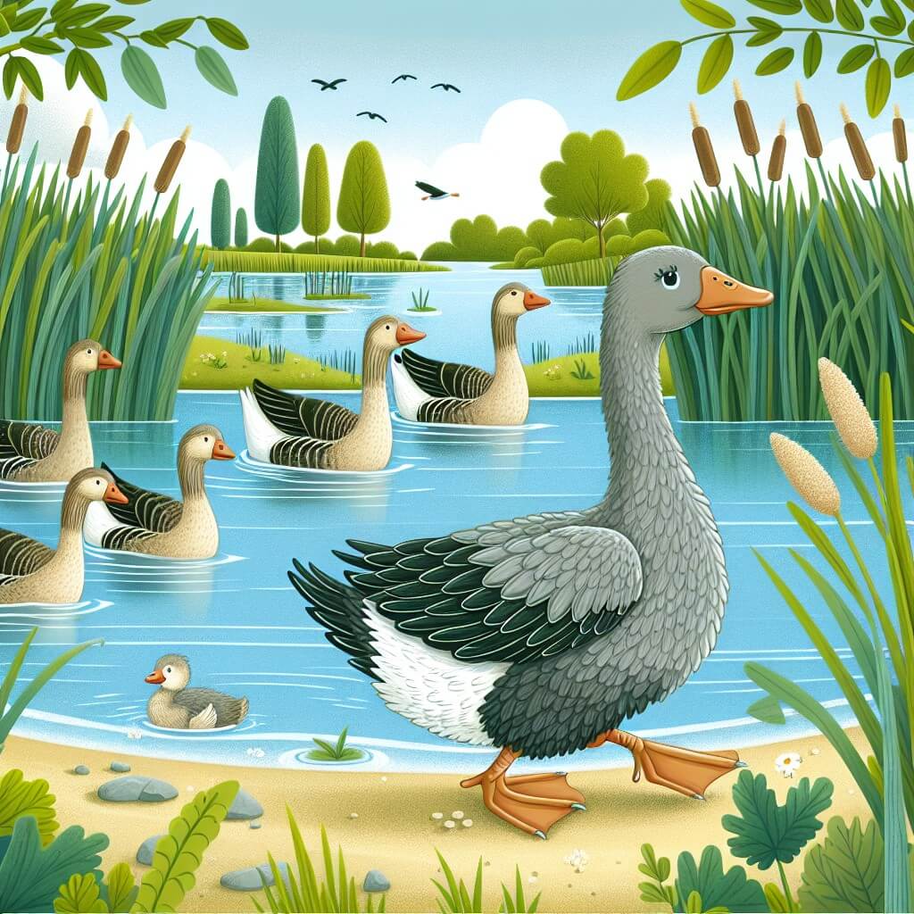 Une illustration destinée aux enfants représentant un canard au plumage gris et rugueux, rejeté par les autres animaux du lac, qui part à la découverte du monde à la recherche de sa véritable identité, accompagné d'une famille d'oies, dans un magnifique lac entouré de hautes cannes et d'une végétation luxuriante.