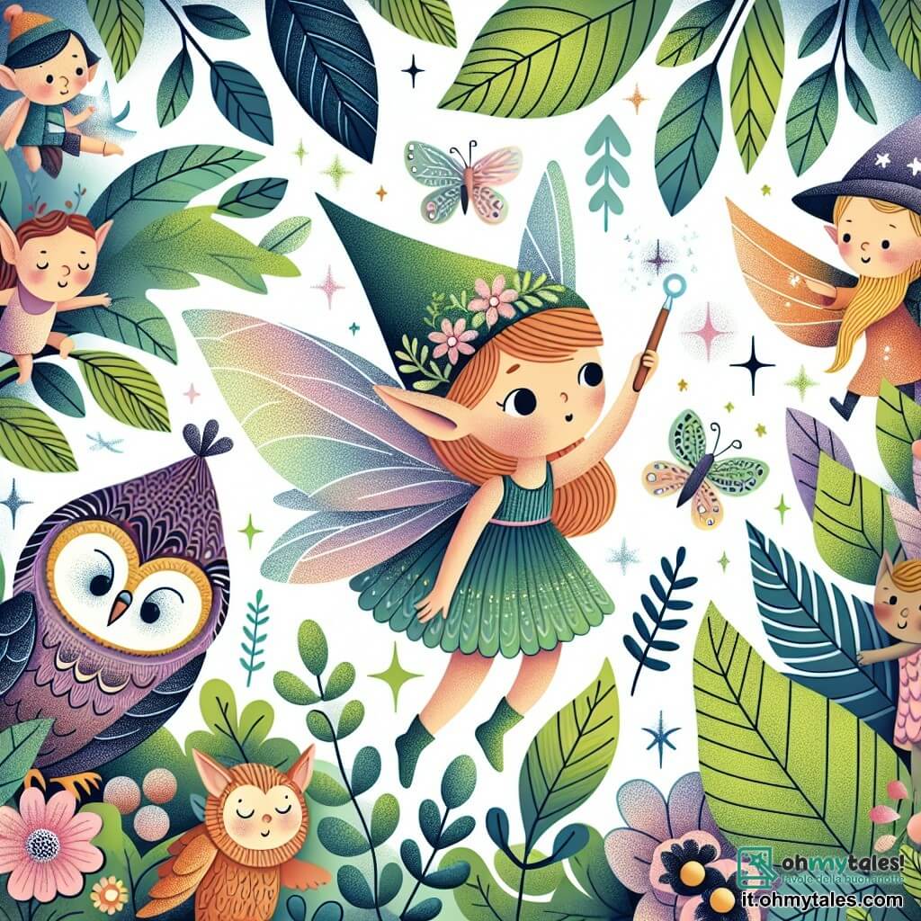 Une illustration destinée aux enfants représentant une fée timide découvrant un bosco incantato en compagnie de folletti curieux, d'un gufo sage et d'autres créatures magiques, parmi les arbres aux feuilles scintillantes et les fleurs lumineuses.