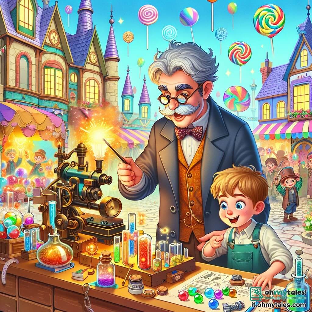 Une illustration destinée aux enfants représentant un inventeur excentrique (homme) travaillant dans son laboratoire rempli d'objets magiques, accompagné d'un petit garçon curieux, dans un village incanté aux maisons colorées et aux rues pavées de bonbons.