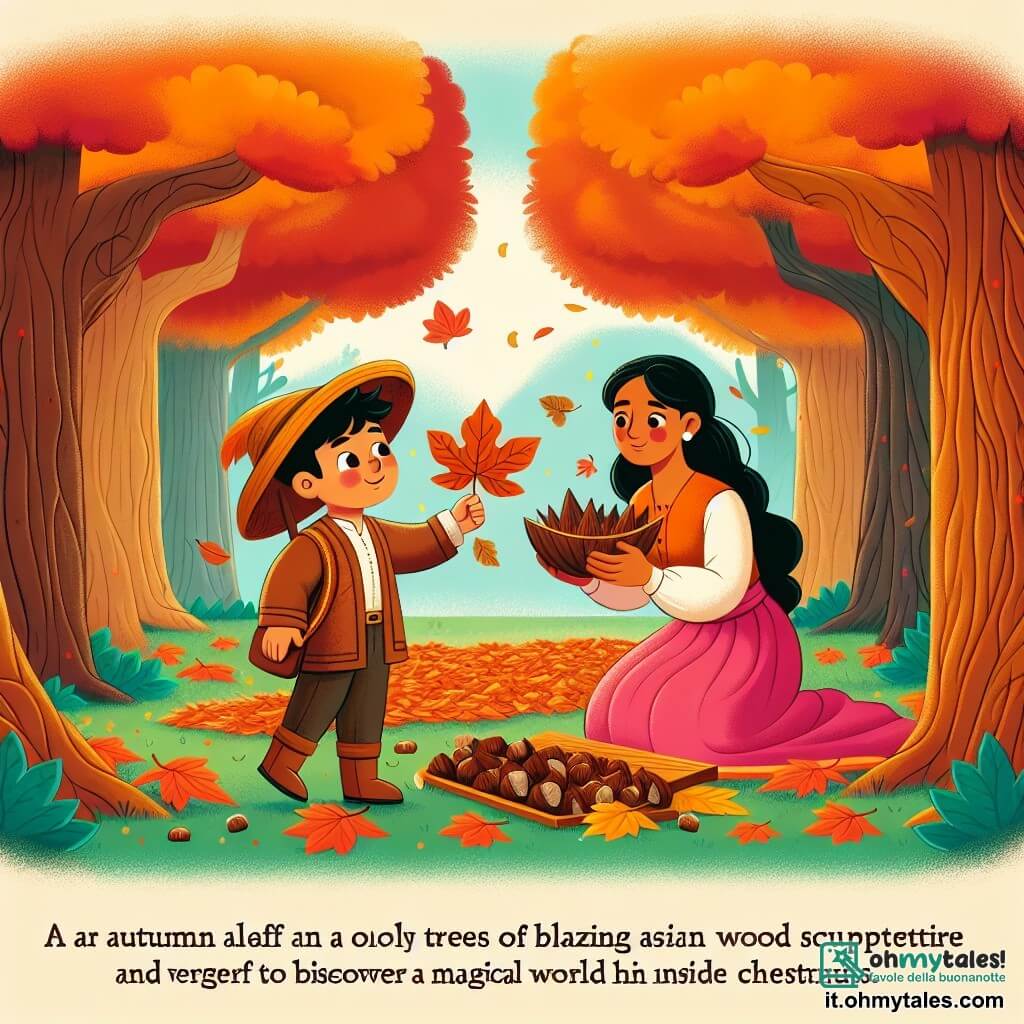 Une illustration destinée aux enfants représentant un jeune garçon qui découvre une feuille d'automne dans un parc enchanteur, avec des arbres aux couleurs flamboyantes et des tapis de feuilles qui craquent sous ses pieds, tandis qu'un sculpteur de bois lui propose de devenir son apprenti et de partir à la découverte d'un monde magique caché à l'intérieur des châtaignes.
