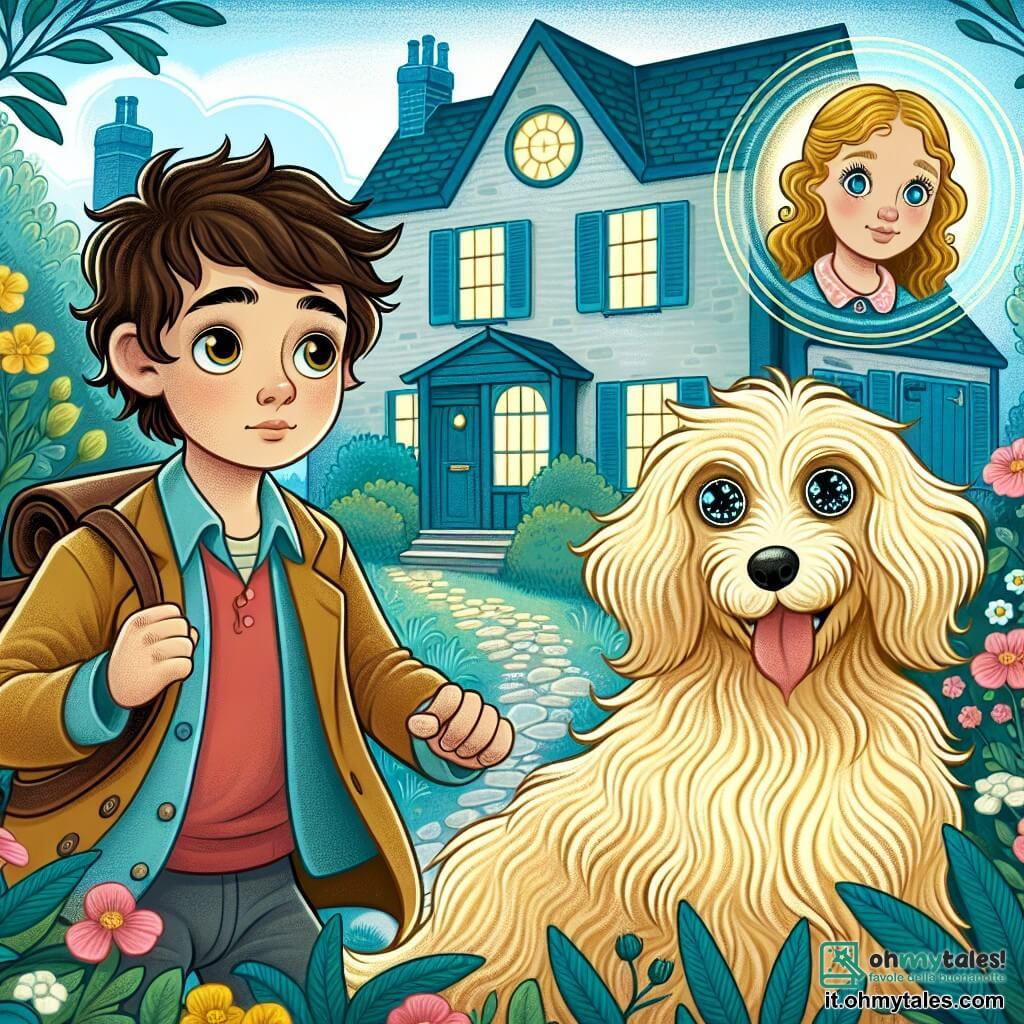 Une illustration destinée aux enfants représentant un jeune garçon intrépide, une mystérieuse disparition, sa fidèle amie fille aux boucles d'or et aux yeux pétillants, dans une maison aux volets bleus et au jardin fleuri.