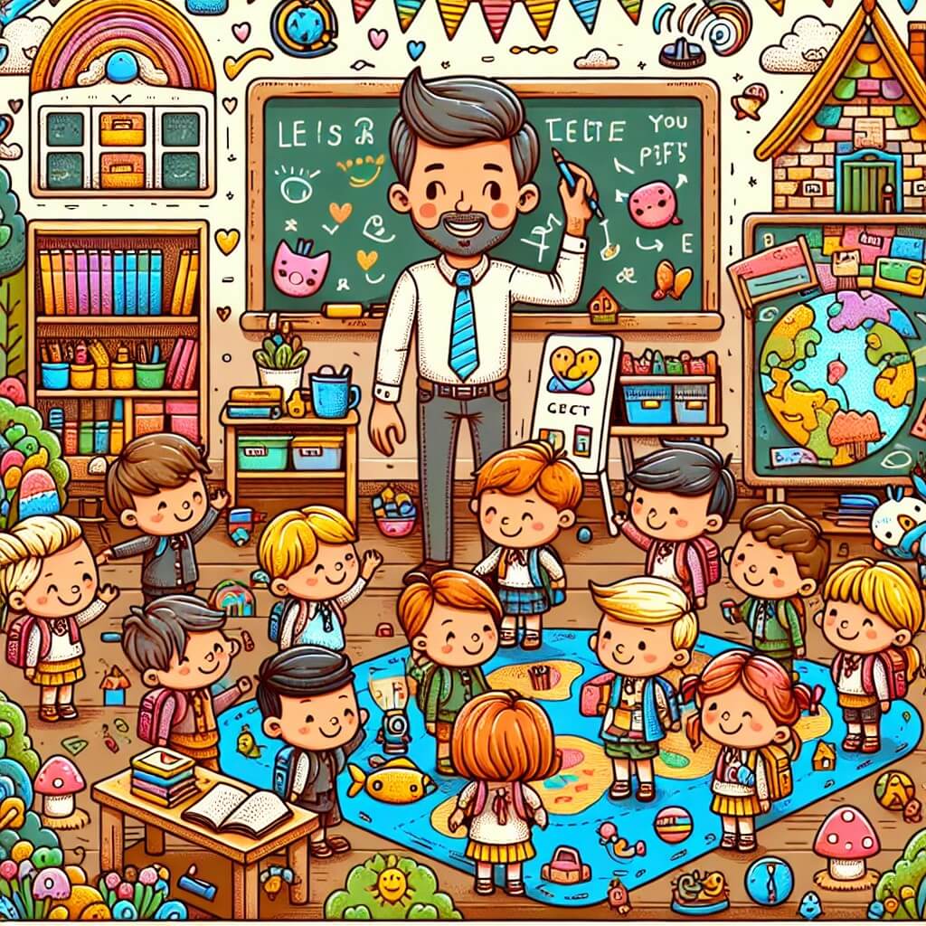 Une illustration destinée aux enfants représentant un instituteur bienveillant, entouré de ses élèves, dans une salle de classe colorée remplie de livres, de tableaux et de jouets, dans un petit village pittoresque où les maisons sont en forme de champignons et les arbres ont des feuilles en bonbons.