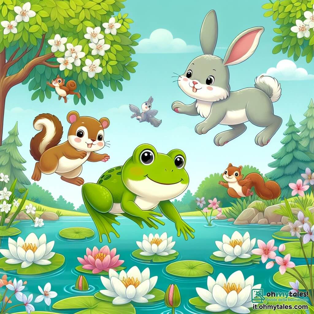 Une illustration destinée aux enfants représentant une charmante grenouille verte, un coniglio blanc et deux scoiattoli curieux, tous en train de sauter joyeusement entre les nénuphars d'un joli laghetto entouré d'arbres fleuris.