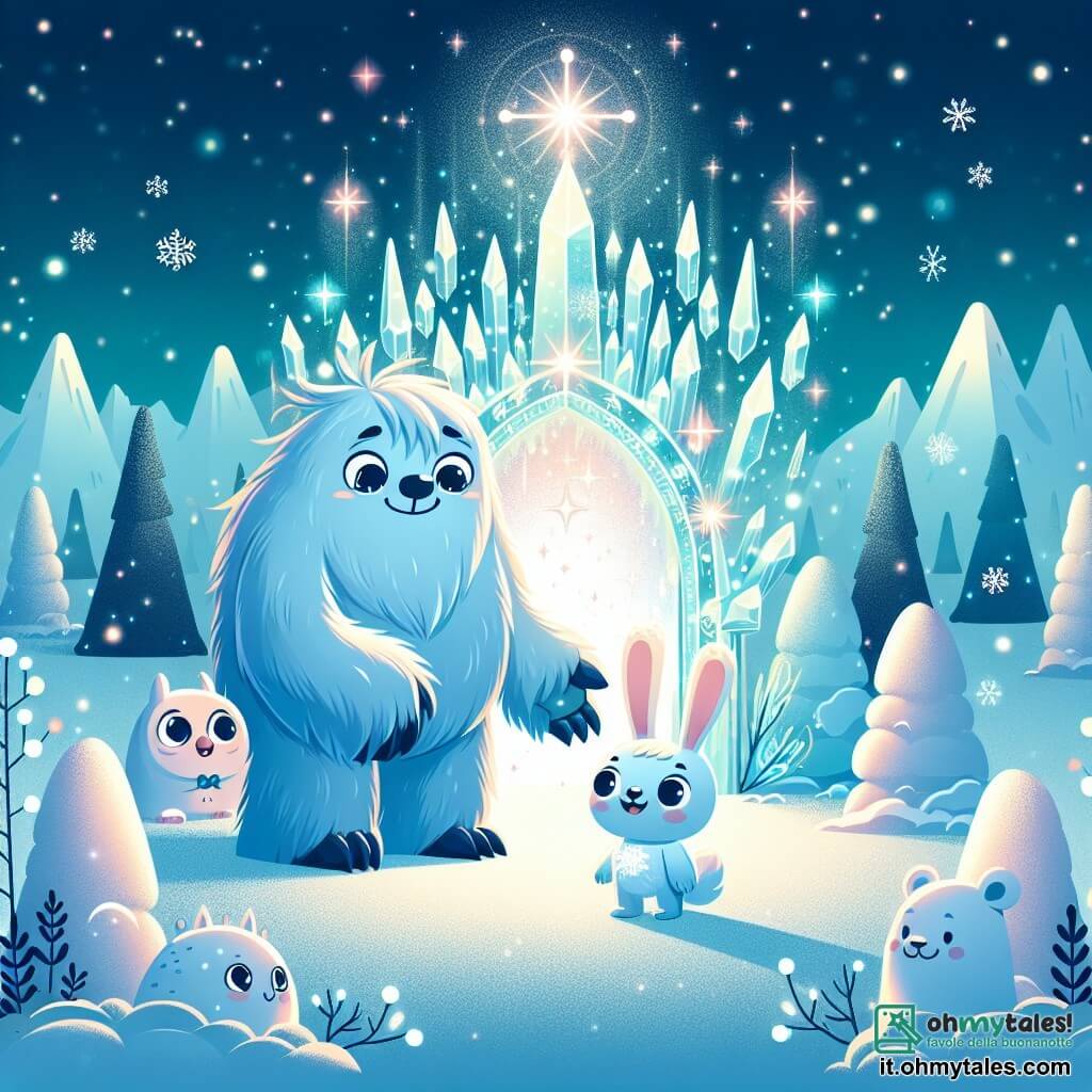 Illustrazione che rappresenta un magnifico Santuario del Ghiaccio, con alberi di cristallo scintillanti, fiocchi di neve che cadono dolcemente e una luce magica che illumina il paesaggio. Al centro, un grande mostro dal pelo blu come il cielo, con occhi dolci e rotondi, si trova con un sorriso amichevole. Sta aiutando un piccolo coniglietto di neve, con grandi orecchie e pelo bianco, che sembra felice e riconoscente. Nelle vicinanze, un orso di neve imponente, dal pelo bianco splendente, si trova con un'espressione amichevole, pronto a difendere i suoi nuovi amici. Insieme, si trovano davanti all'ingresso del Santuario, dove una porta di cristallo si apre lentamente, lasciando fuoriuscire una luce abbagliante. Fiocchi di neve danzano intorno a loro, creando un'atmosfera magica e accogliente.