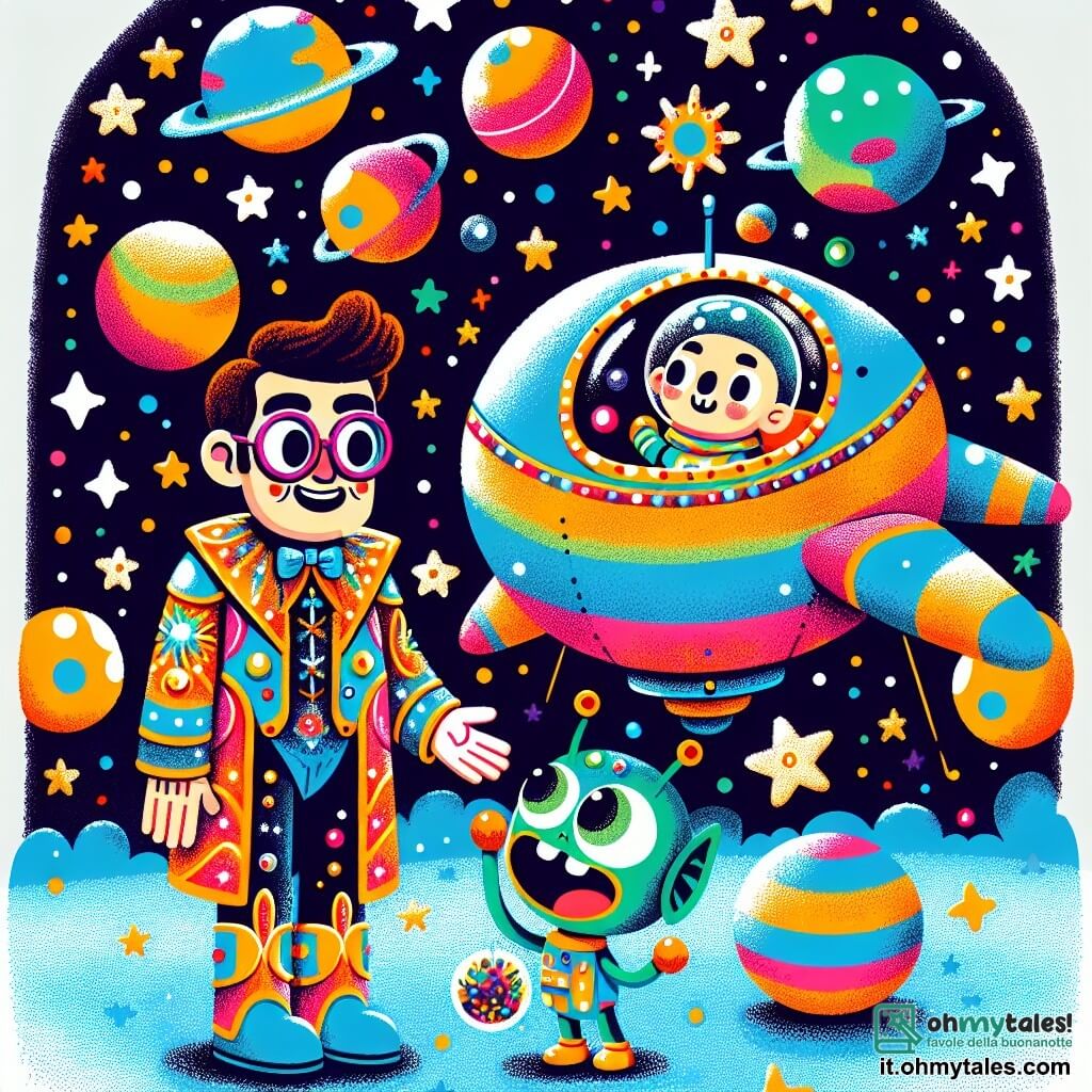 Une illustration sous forme de dessin destinée aux enfants représentant un vaste paysage spatial coloré, avec des planètes aux teintes vives flottant dans un ciel étoilé, où un homme aux cheveux bruns et aux lunettes rondes, vêtu d'une combinaison spatiale brillante, se tient à côté de son grand et coloré vaisseau spatial, en train de saluer un petit alien aux grands yeux verts et à la peau bleue, qui sourit joyeusement tout en tenant un fruit étrange, illustrant le moment où ils se rencontrent et partagent leur amitié dans un univers rempli de merveilles.