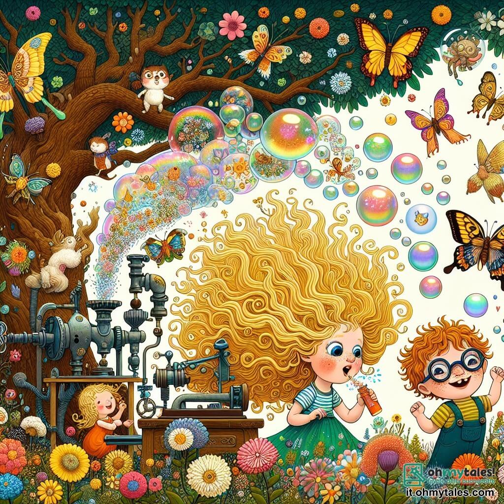 Une illustration destinée aux enfants représentant une petite fille aux cheveux bouclés et dorés, pleine de malice et de curiosité, qui se trouve dans un jardin coloré rempli de fleurs éclatantes, de papillons virevoltants et d’un grand arbre aux branches noueuses, où elle s'apprête à vivre une aventure hilarante avec son meilleur ami, un garçon aux lunettes rondes et aux taches de rousseur, alors qu'ils tentent de construire une machine à bulles géante qui, au lieu de faire des bulles, les propulse dans un tourbillon de rires et de surprises, les entraînant dans un monde fantastique peuplé de créatures loufoques et de douceurs sucrées.