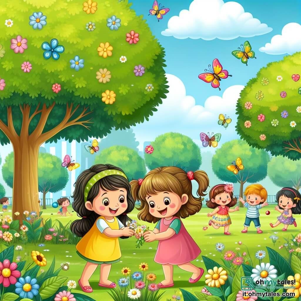 Illustrazione che rappresenta un parco in piena fioritura in primavera, con alberi maestosi dalle foglie verdi brillanti e fiori colorati che punteggiano il terreno. Al centro dell'immagine, due bambine di due anni, una con capelli castani e trecce, vestita con un abito giallo, e l'altra con capelli biondi e ricci, indossante un vestito rosa. Stanno raccogliendo fiori, ridendo e sorridendo, circondate da farfalle colorate che volano attorno a loro. Sullo sfondo, altri bambini giocano a palla, e il cielo è di un blu intenso, punteggiato da alcune nuvole bianche e soffici. L'atmosfera è gioiosa e piena di vita, catturando lo spirito della primavera e dell'amicizia.