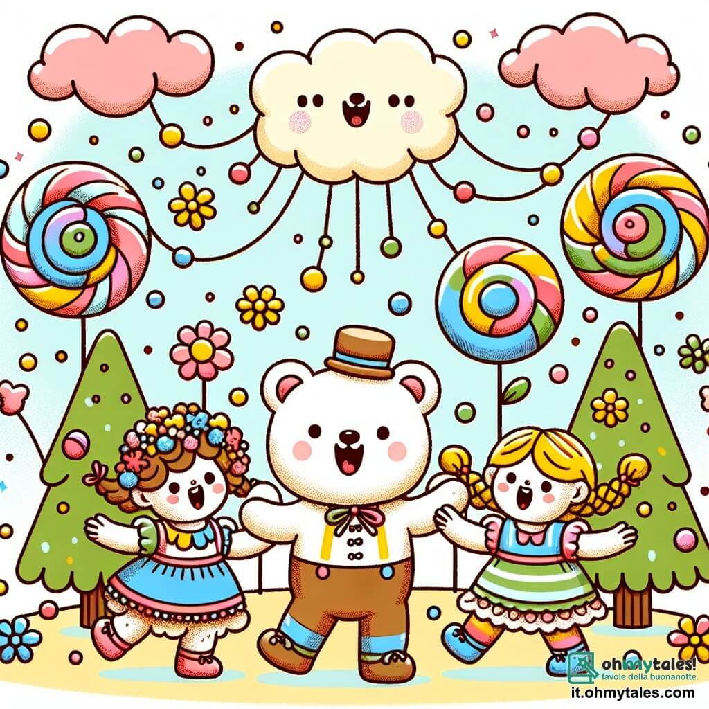 Une illustration sous forme de dessin destinée aux enfants représentant un pays magique rempli d'arbres en sucre filé et de fleurs en bonbons, où un groupe de trois enfants de 3 ans, deux filles aux cheveux bouclés et tressés, et un garçon aux cheveux courts et ébouriffés, dansent joyeusement en chantant, entourés d'un ours en peluche géant et souriant qui les encourage, tandis qu'une nuage triste s'éloigne en dansant, laissant derrière elle une traînée de confettis colorés.